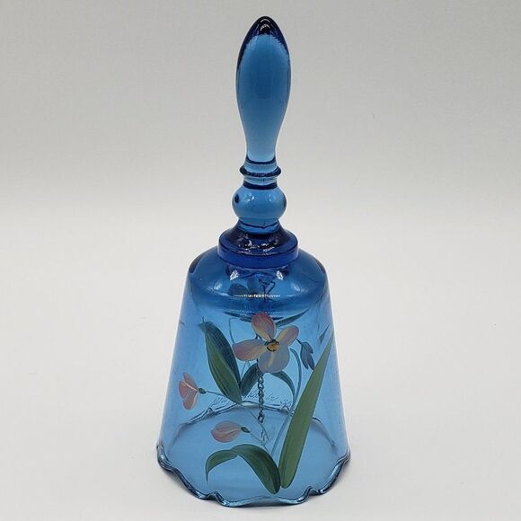 Fenton Signed Hand Painted Blue Floral Art Glass Bell - Picture 8 of 12